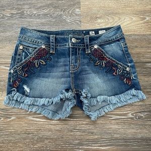 Miss Me Floral Embroidered Distressed Denim Shorts